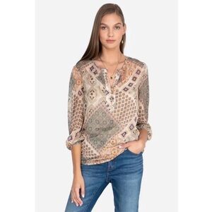 Johnny Was Samahil Mosaic Tile Print Peasant Top Cream Teal Rust Top Size Large